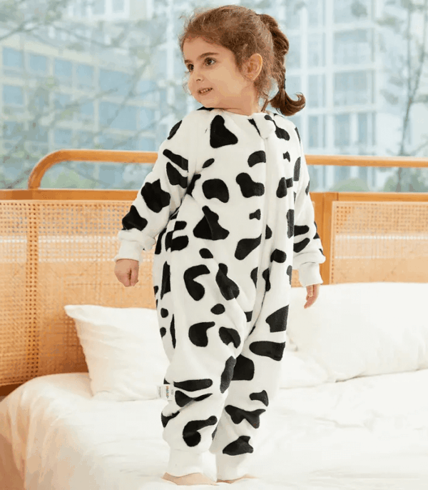 Kids' Cow Print Footed Sleep Bag - Soft Flannel Zipper Pajamas with Leg Separation for Bedtime Safety, Machine Washable Mixed Colors
